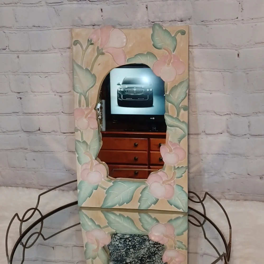 Hand Carved Pink Flowers Wooden Mirror 11Wx18 L‎ NWT